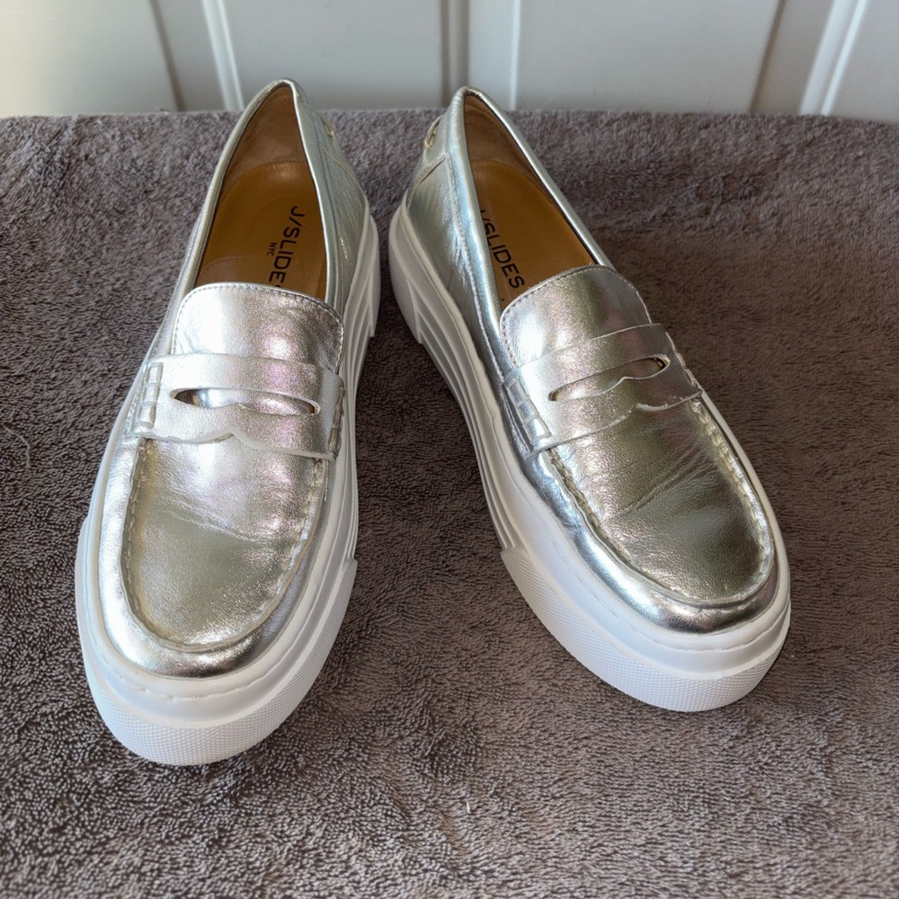 J/Slides Silver Metallic Platform Penny Loafers